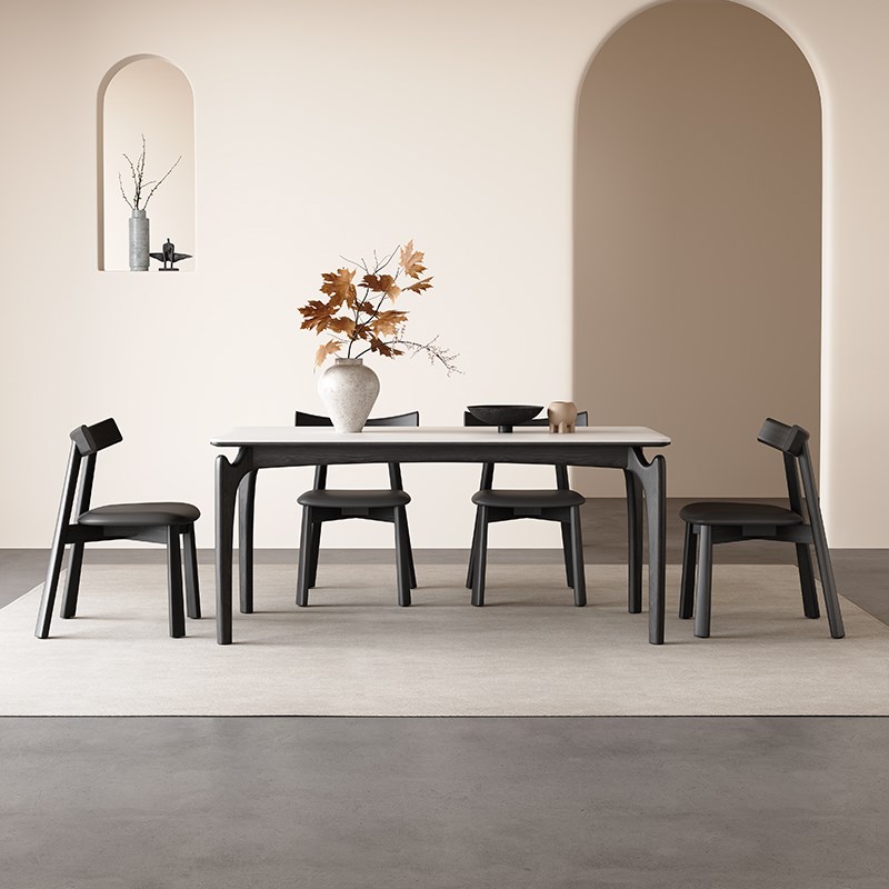 纯白岩板餐桌法式复古风家用小户型橡木饭桌现代简约进口实木餐桌