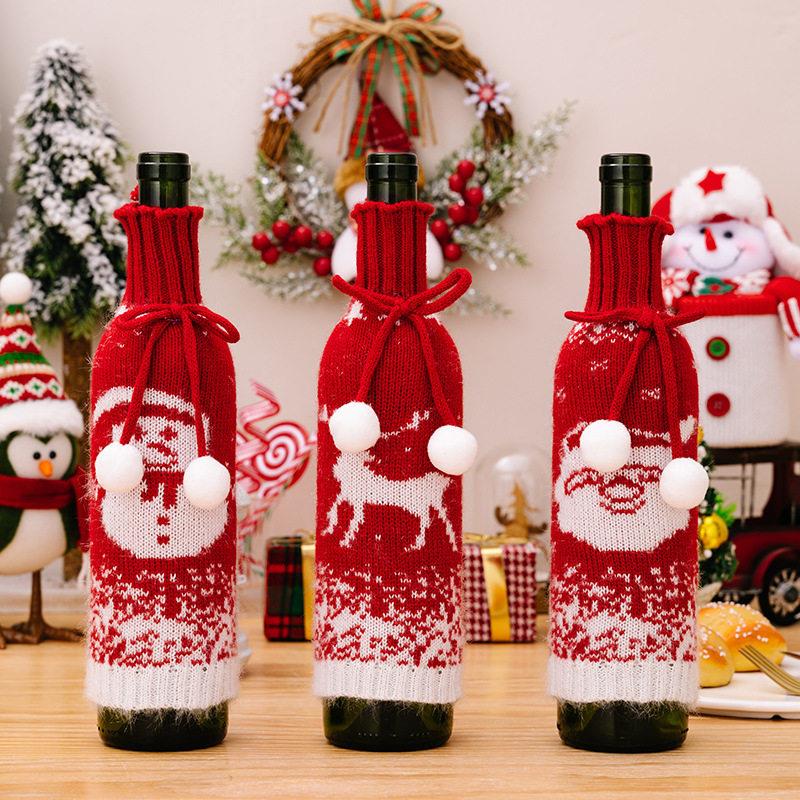 圣诞节装饰品针织红酒套审老人雪人麋鹿针织酒套渐变色酒套