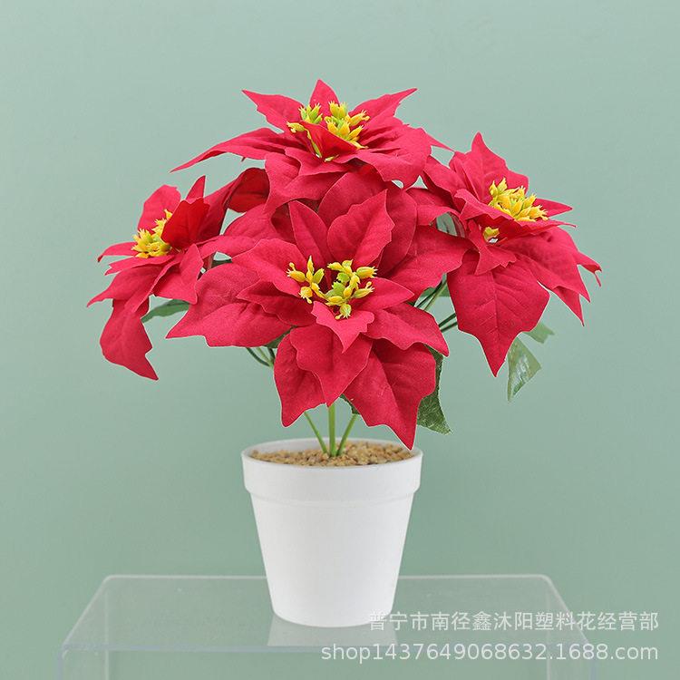 仿真绒布一品红5头圣诞花节假日装饰假花新年人造花开业装饰植物图片