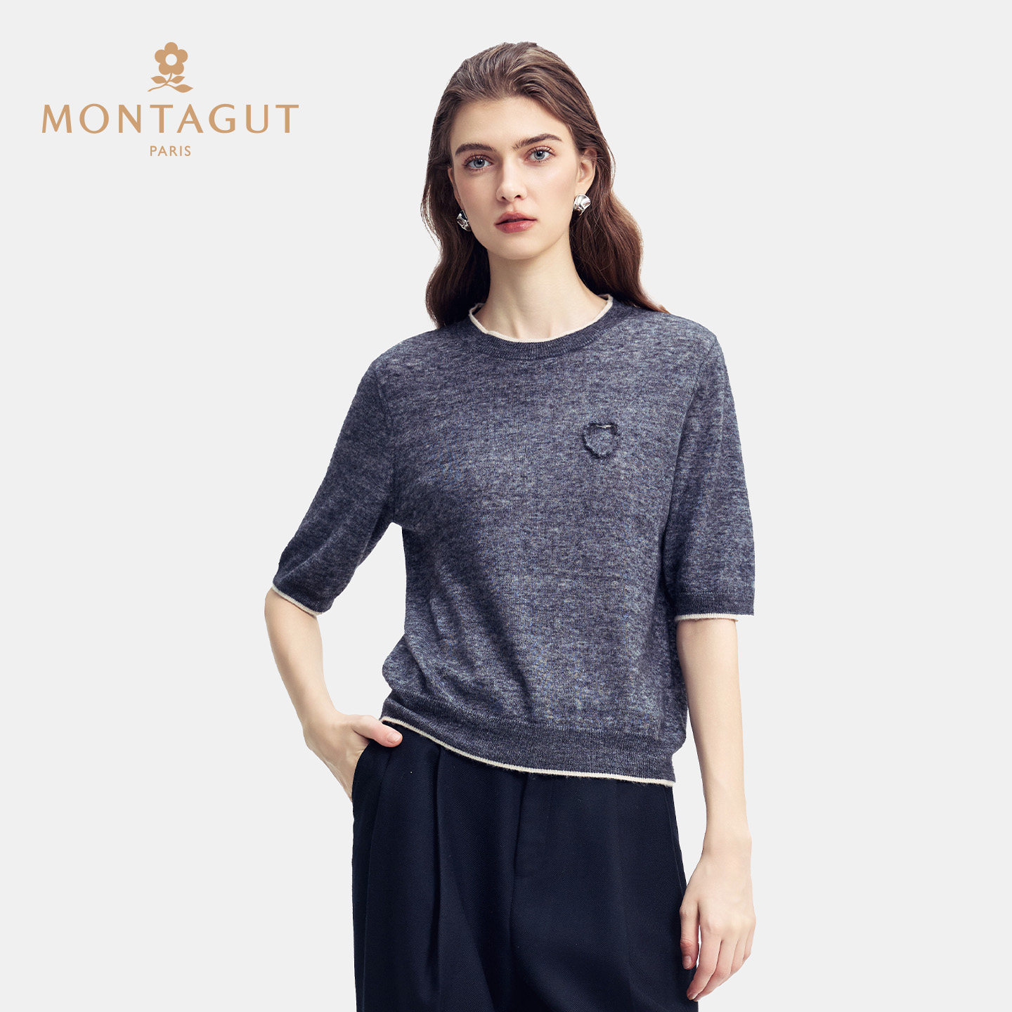Montagut梦特娇圆领女装时尚简约套头宽松中袖针织衫2025新款