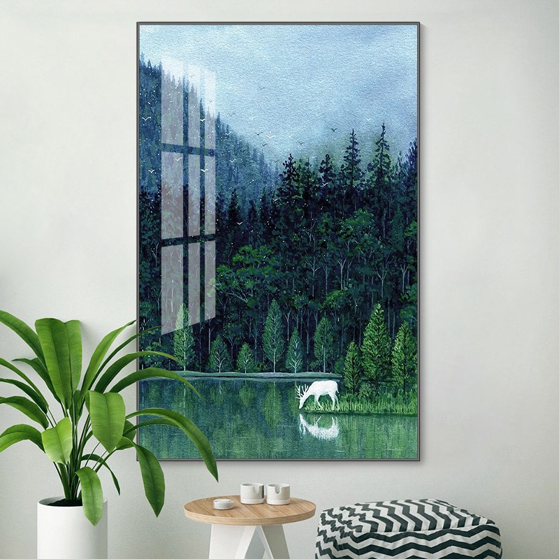 北欧森林麋鹿玄关装饰画走廊过道墙面I壁画样板房挂画竖版晶瓷画图片