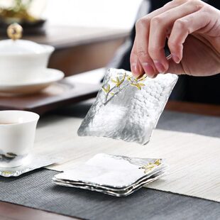 晟窑纯锡杯垫方形手工锤纹茶杯垫梅兰竹菊创意家用锡杯托茶道配件