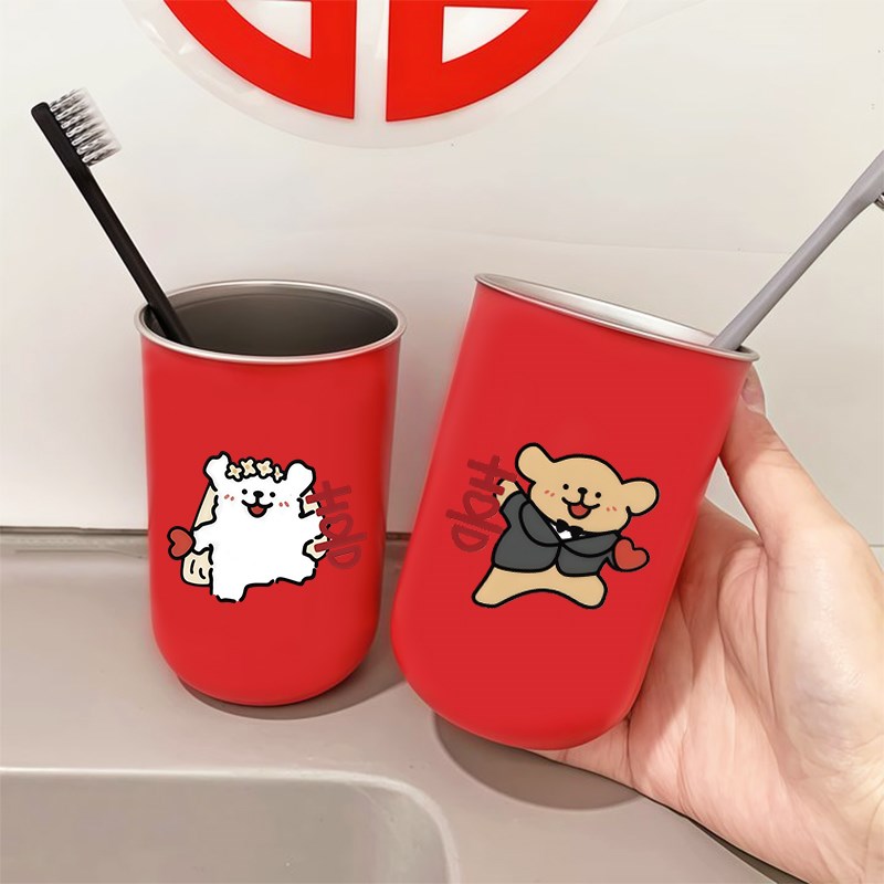 结婚情侣红c色一对漱口杯2025新款不锈钢刷牙漱口杯子婚房布置用