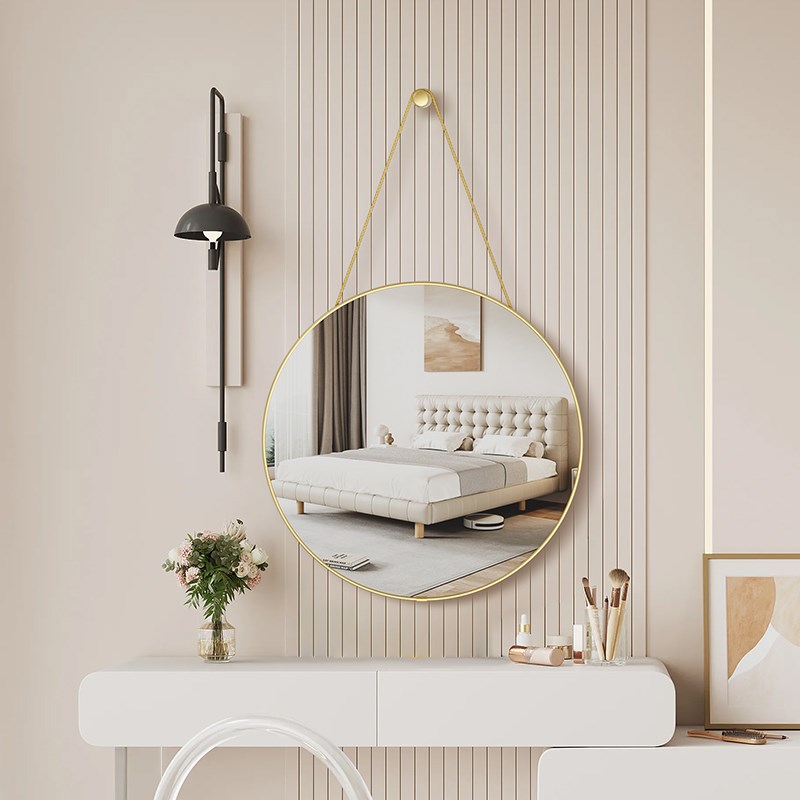 轻奢化妆镜壁挂免打孔酒店宾馆浴C室镜子卧室梳妆台镜子复古圆镜