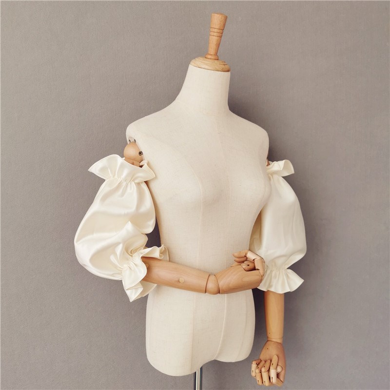 婚纱袖子缎面短款荷叶边松E紧袖子香槟色多色可定制