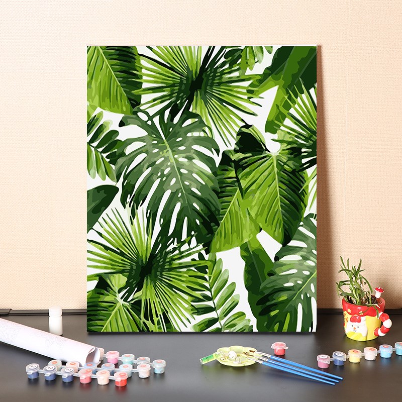 数字油画diy手工填充简约治愈绿色树叶植物手绘填涂色装饰油彩画图片