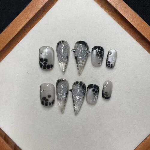 RC纯手工成品穿戴甲美甲甲片短款龙爪甲兽甲猫爪亮片豹纹铁钉原创