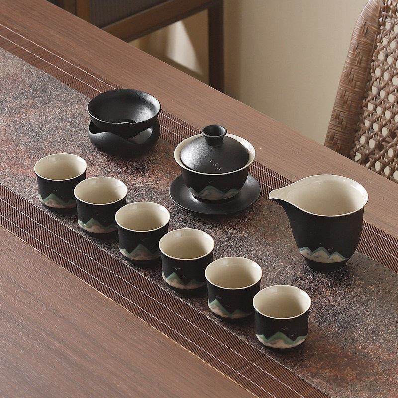 景德镇黑陶远山功夫茶具套装家用中式泡茶壶茶杯陶瓷茶漏整套盖碗