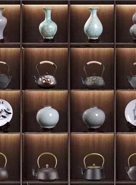 新中式样板房酒店茶室电视柜摆件博古架装饰青瓷花瓶铁茶壶工艺品