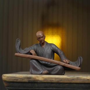 紫砂摆件禅意人物工艺品抚琴和尚玄关博古架装 饰品家居复古中式