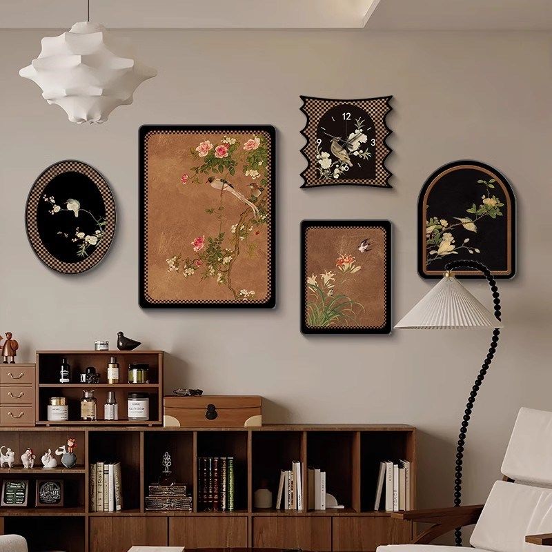 中古风客厅沙发背景墙装饰画组合画法式复古壁画小众挂画带钟表