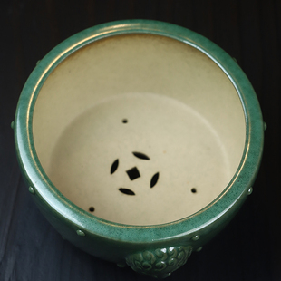 秦夕洪绿釉紫砂花盆兽耳鼓钉内门竹兰花老桩盆景植物桌面室内花卉