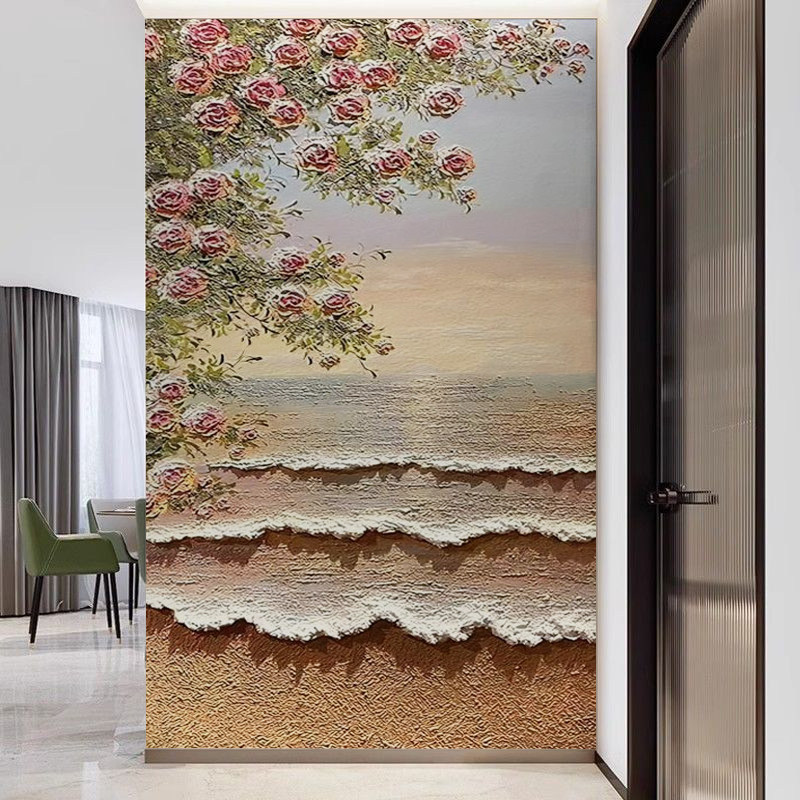 法式日出大海客厅走廊玄关背景墙壁画大芬村油画沙滩花卉墙纸壁布,家装主材,无纺布墙纸,淘宝优惠券,粉丝福利购,淘宝优惠卷