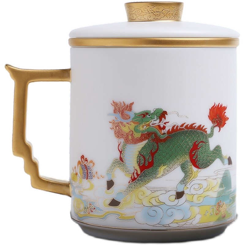 羊脂玉白瓷办公杯k带过滤带手柄陶瓷泡茶杯茶水分离水杯男士女高