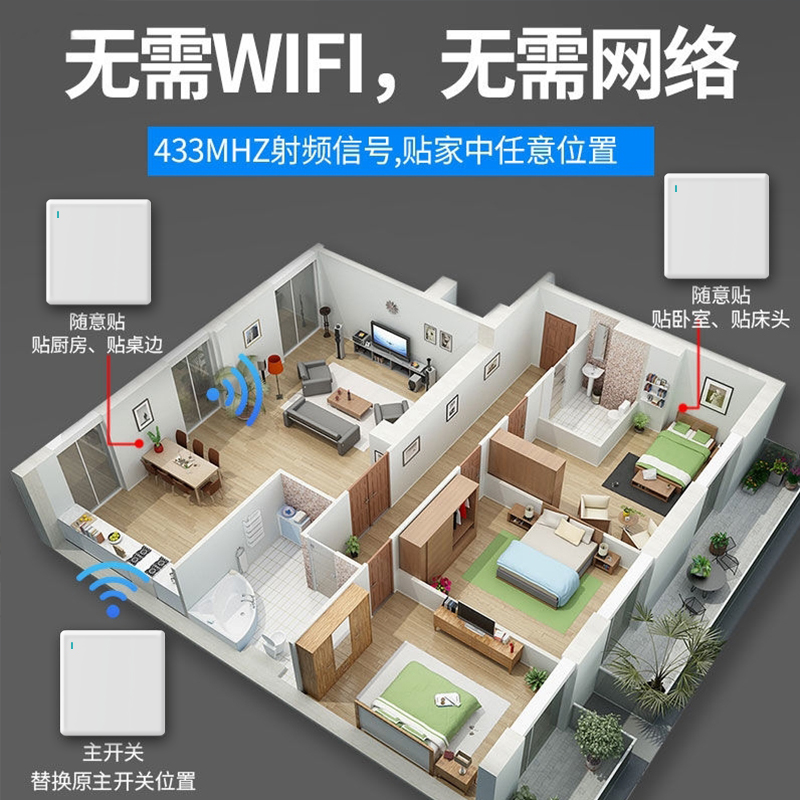 无线遥控开关免布l线家用床头随意贴单开双控墙壁开关面板智能多