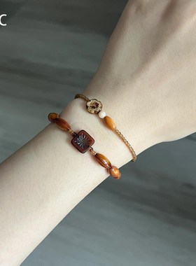 复古棕色花朵捷克珠串珠手链清冷国风高颜值手饰闺蜜小众叠戴手串