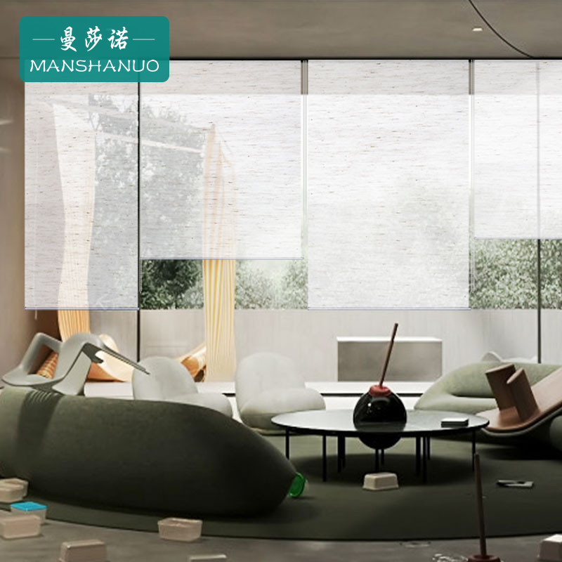 中式亚麻窗帘卷帘电动办公室遮阳帘阳台落地窗玻璃U透光拉珠式升