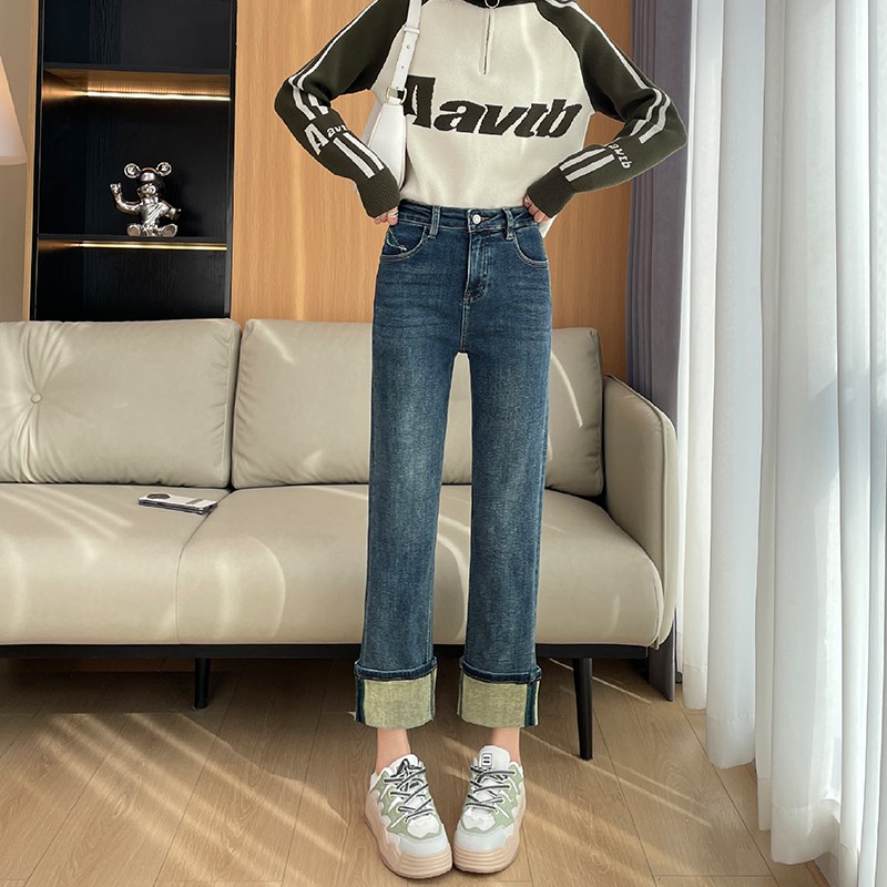 卷边加绒烟c管牛仔裤女2024新款春秋高腰直筒宽松八分小个子法棍