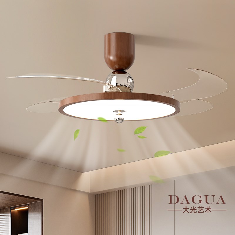 风扇灯复古胡桃木纹新款卧室吸顶灯中古风超薄Q隐形静音餐厅电扇