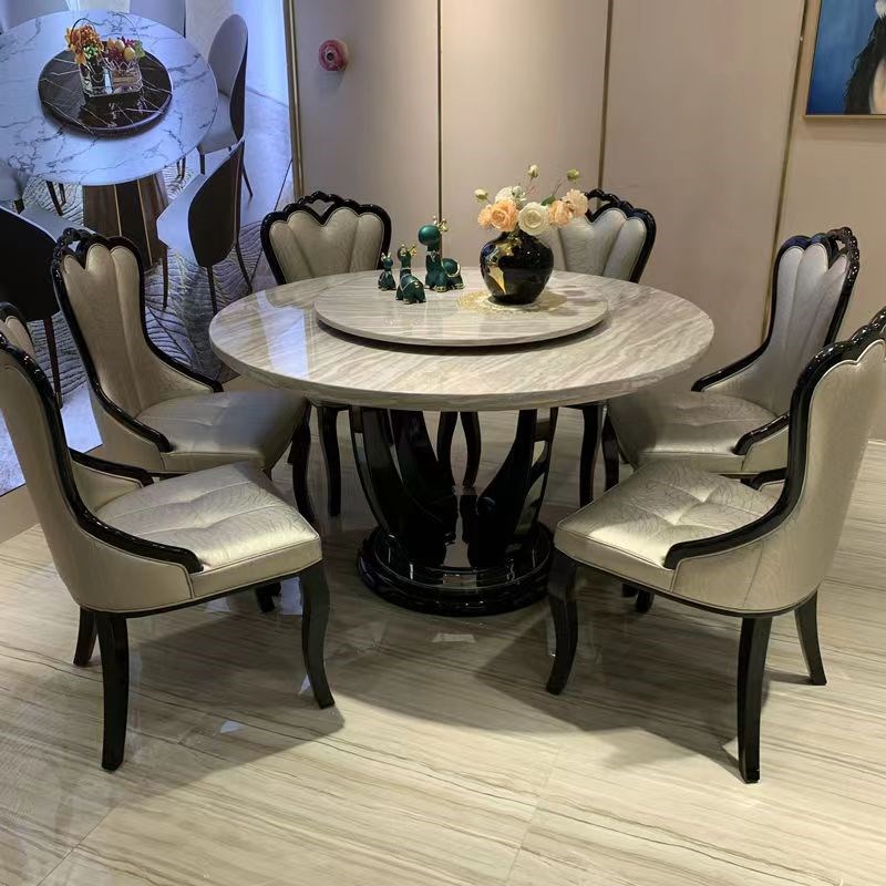 天然大理石圆餐桌带转盘餐桌椅组合家用别墅深浅灰色欧式简约实木