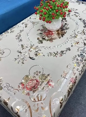 烫金花纹桌布防水防滑防烫免洗长方形餐桌加厚塑料欧式茶几台布XW