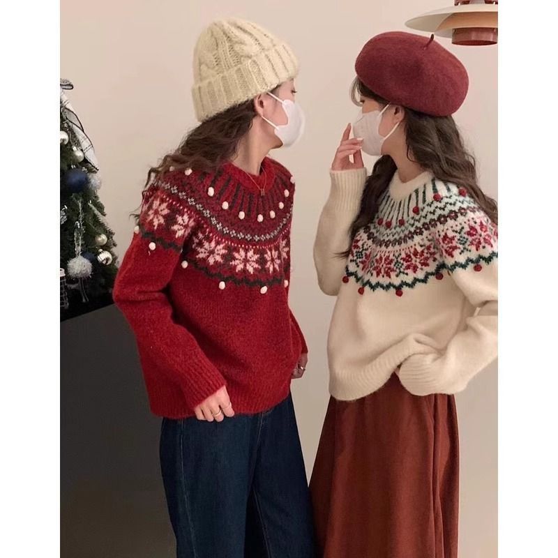 复古提花圣诞红色毛衣女套头宽松秋冬厚款慵懒软糯针织上衣