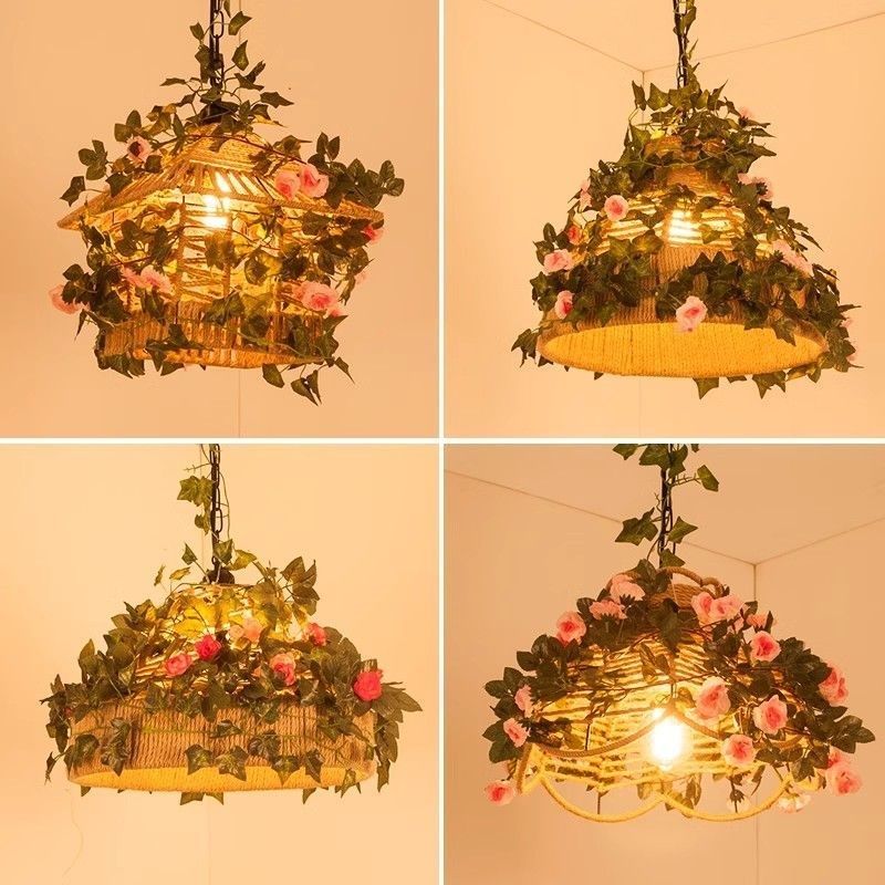 复古植物繁花创意个性装饰工业风吧台餐厅火锅店餐馆藤艺麻绳吊灯