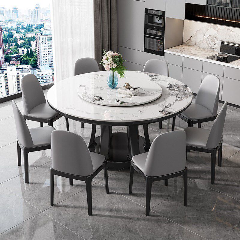 实木岩板餐桌椅组合现代简约小户型圆形酒店家用圆桌带转盘饭桌子