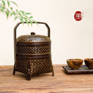 竹编提篮镂空提盒复古带盖圆形家用多层手工水果野餐茶道收纳 日式
