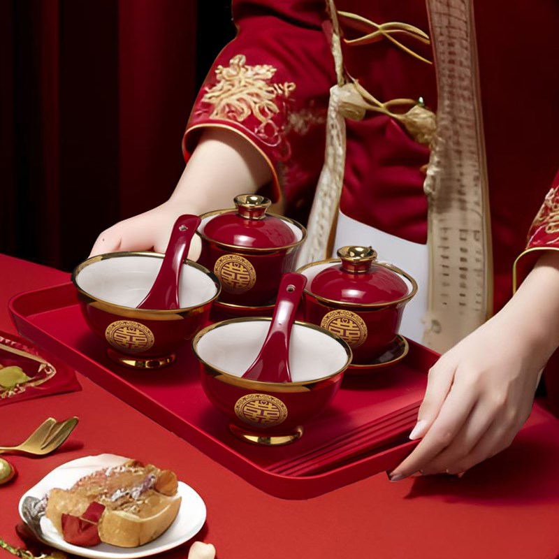 陶瓷结婚敬茶改口杯喜碗套装红色喜庆敬酒婚庆用品送礼碗筷带礼盒