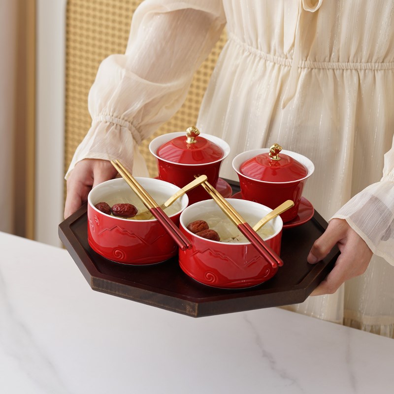 喜霓结婚改口敬茶杯套装一对陪嫁订婚实用对碗筷红色喜碗敬酒杯子