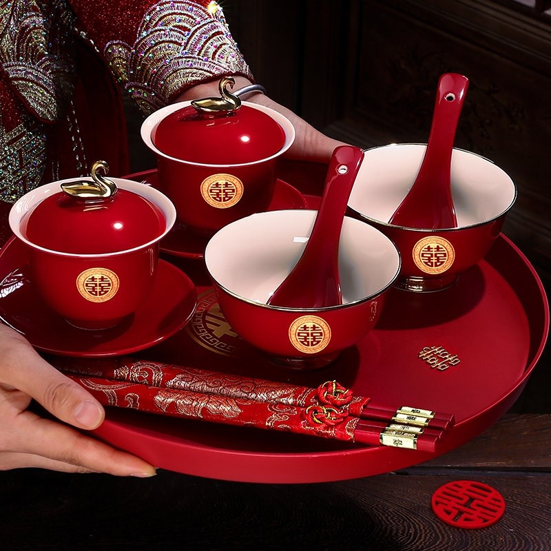 景德镇敬茶杯子喜碗结婚礼喜事红色改口盖碗茶具对碗筷套装陪嫁用