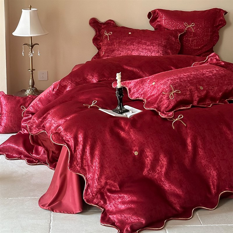 春夏新品轻奢婚庆四件套刺绣柔丝棉提花红色结婚被套亲肤床单床笠