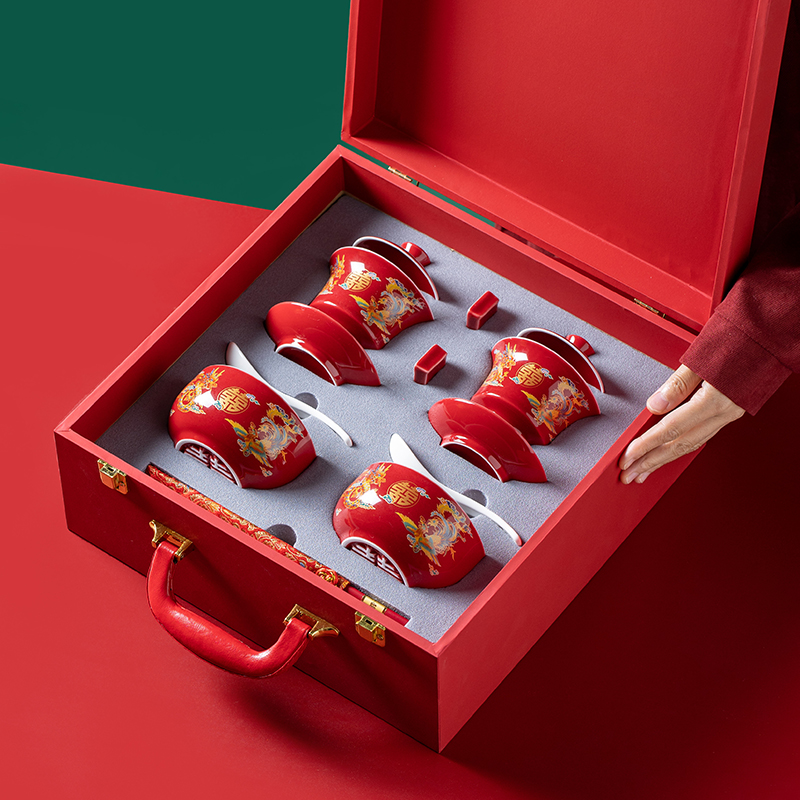 结婚龙凤喜碗敬茶杯子套装婚礼女方陪嫁用品大全高级感中式碗筷勺