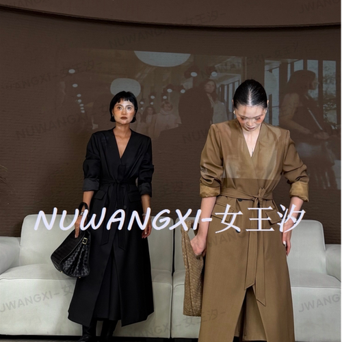 【女王家】极简气质百搭显瘦大女主无领腰带长西服170斤以内7223