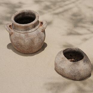 植物私生活 侘寂风简约双耳石头做旧覆古手工陶土花盆