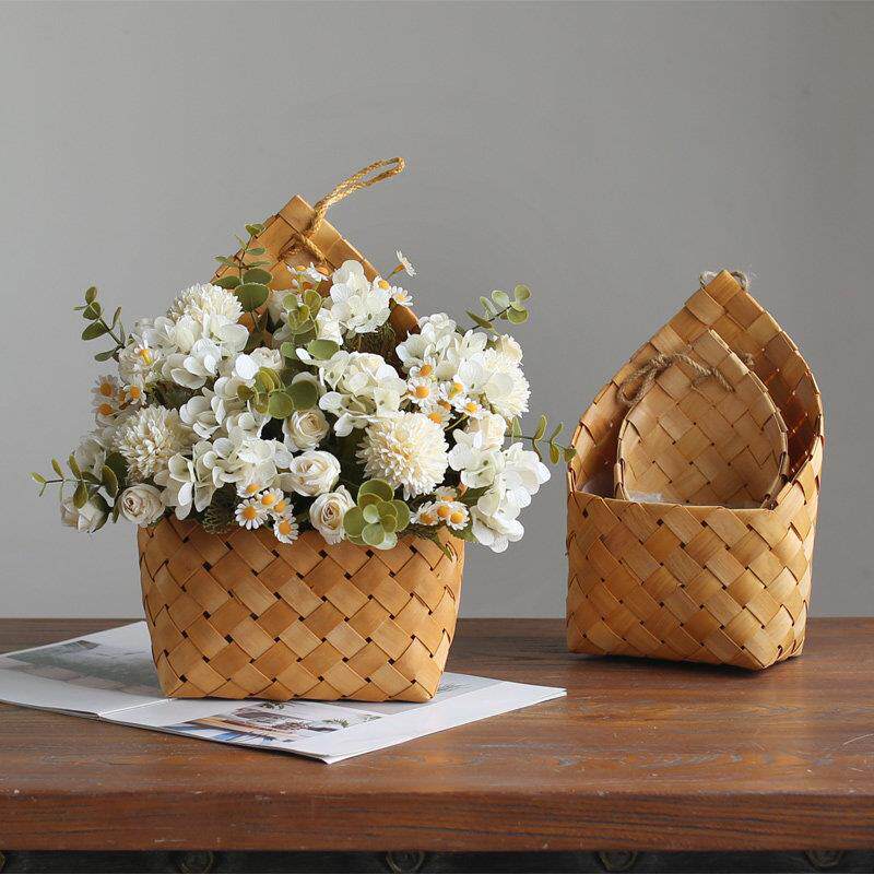 北欧编织篮田园壁挂花篮厨房姜蒜收纳筐复古手提阳台挂篮创意篮子