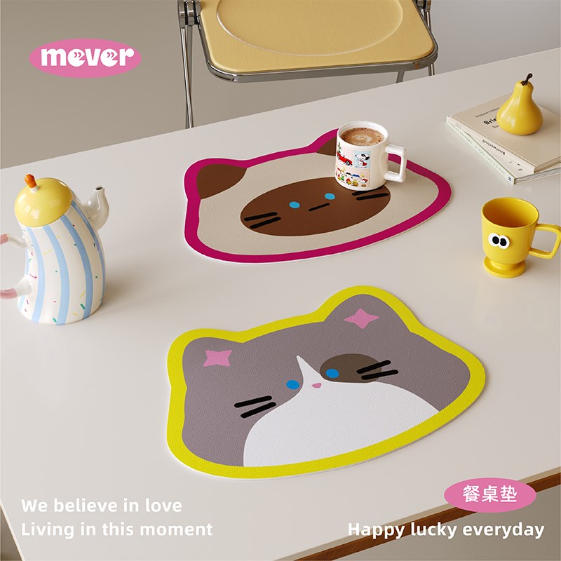 韩式卡通acat高级感皮革餐垫防水防油免洗杯垫家用餐桌垫隔热垫子
