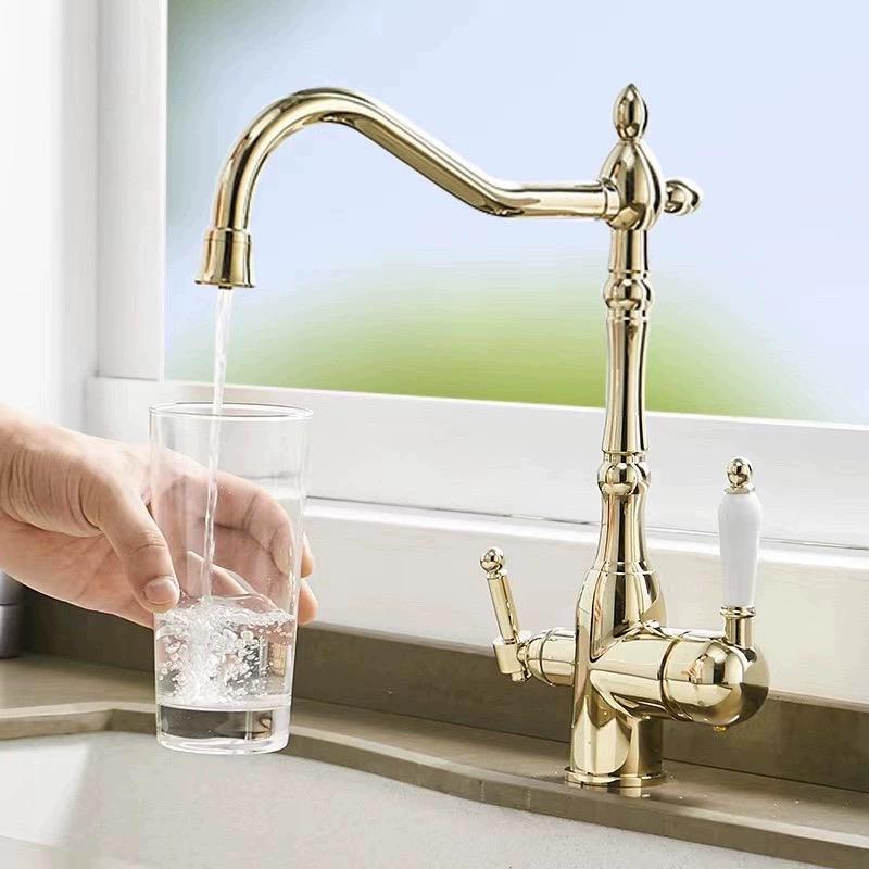 包邮净水铜水龙头厨房15三合一冷热洗菜盆水槽防溅锆金彷古