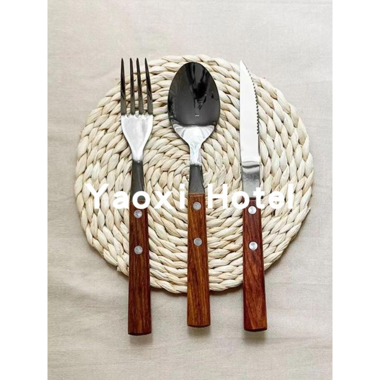 【日版】花梨木柄勺子叉子日式复古不锈钢餐具西餐刀叉套装甜品勺