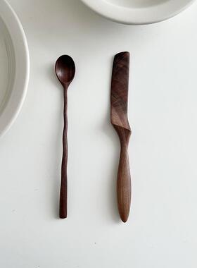 FCMJ - 黑胡桃木长柄咖啡勺 果酱勺 黄油刀 奶茶搅拌勺 长柄调羹
