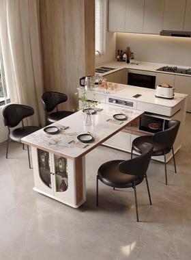 多功能奶油风实木岩板岛台餐桌一体可伸缩旋转轻奢高端家用小户型