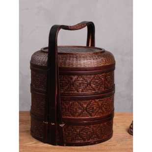 竹编制品老式食盒多层手提竹编带盖提篮子中式复古古代双层提盒