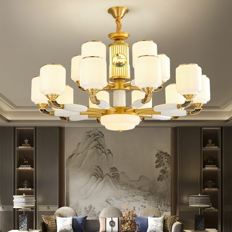 新中式吊灯全铜玉l石客厅灯古典中国风别墅复式楼餐厅卧室大吊灯