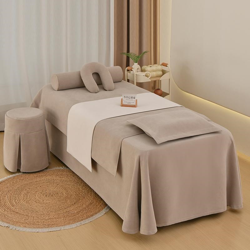 高档轻奢美容床罩四件套高级感奶油D风美容院美体按摩床套四季通