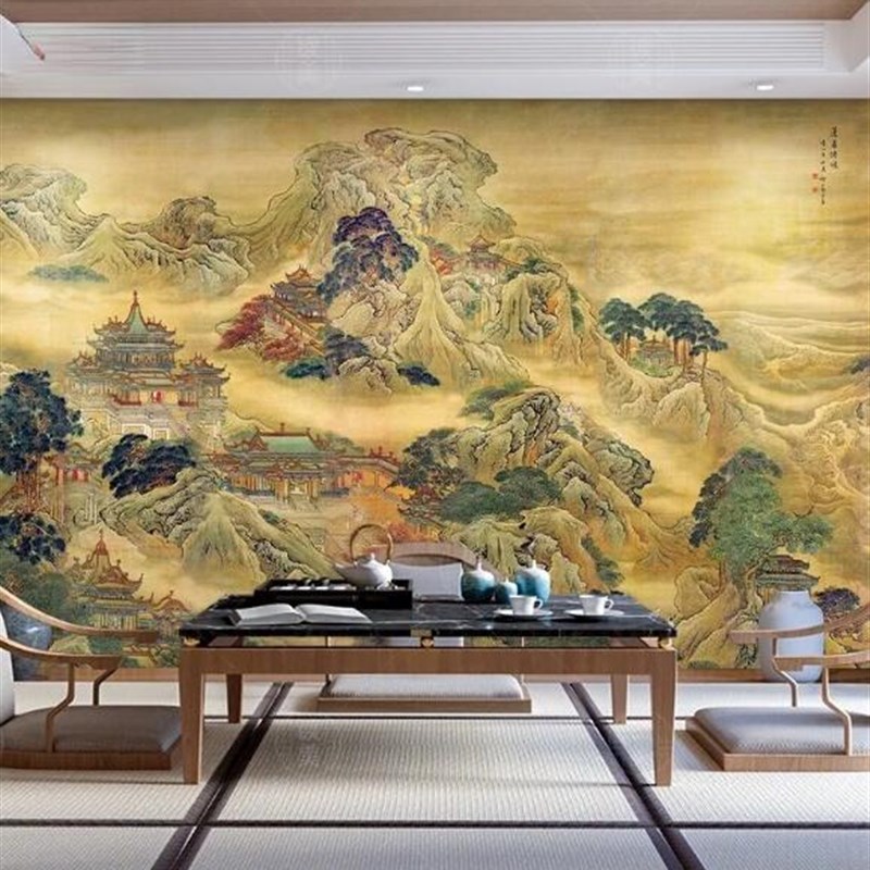 蓬莱仙境图壁纸新中式国画山水画B墙纸仙家堂口影视无缝自粘墙壁