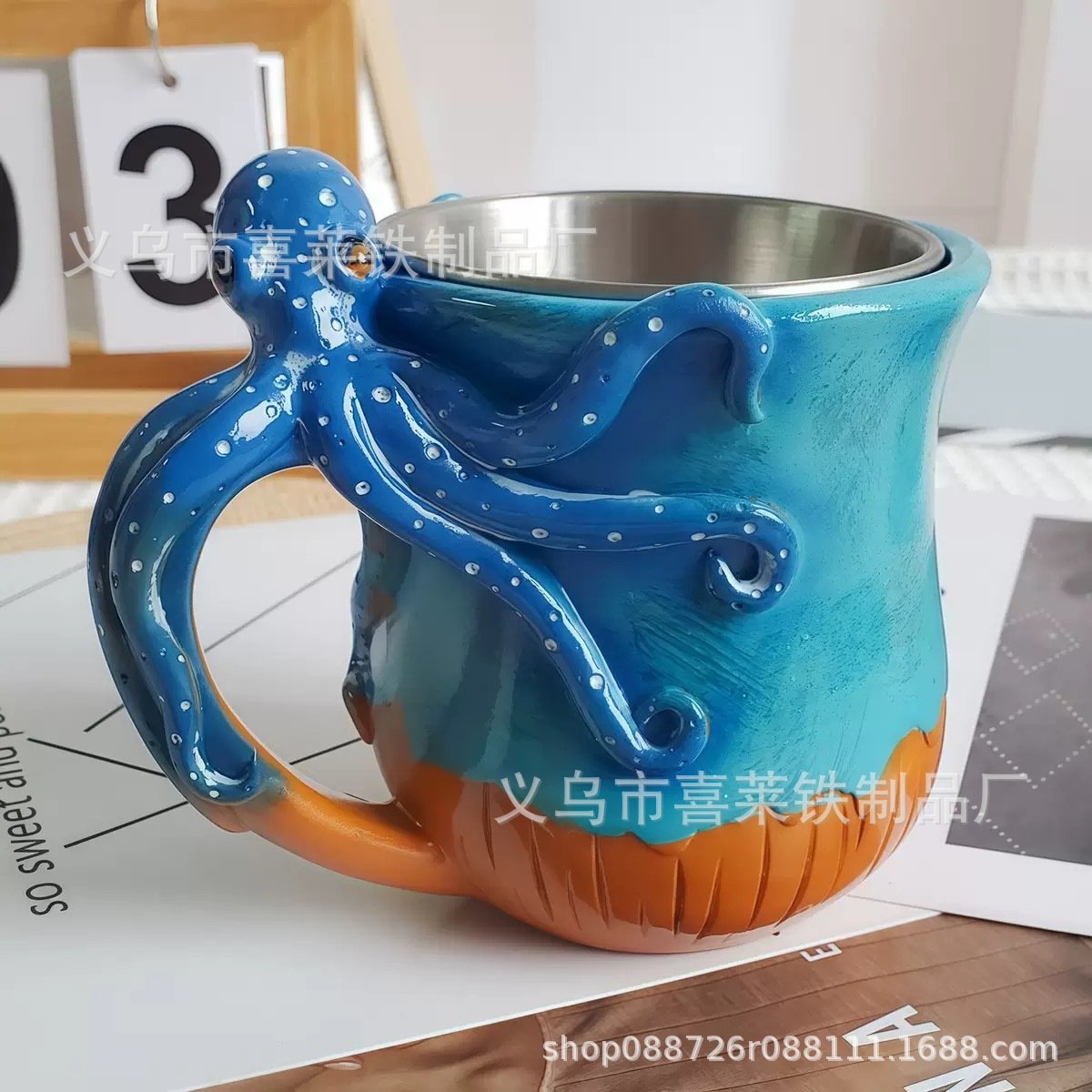 亚马逊新款Deep Blue Octopus Mug 家居深蓝色章鱼树脂马克咖啡杯