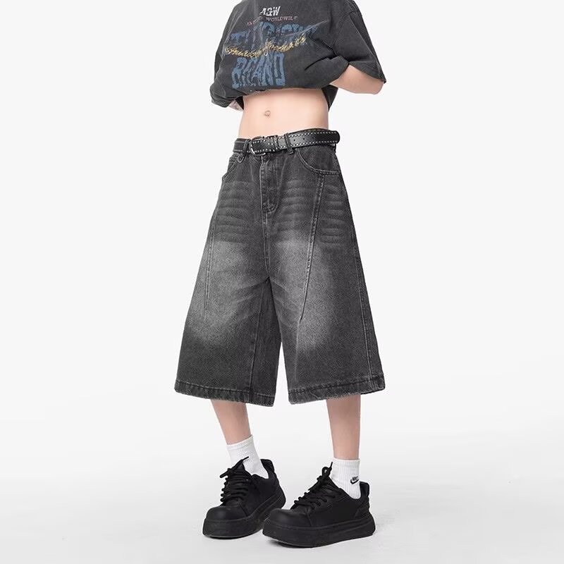 男装美式复古水洗做旧牛仔短裤男女直筒宽松cleanfit七分裤子