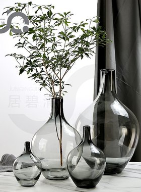 北欧简约大肚子原色料玻璃花瓶吊钟马醉木石榴插花水培落地大号