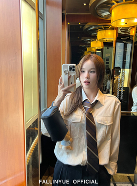 Fallinyue 解构主义精致 肩章长袖宽松衬衫女设计感纯色翻领上衣